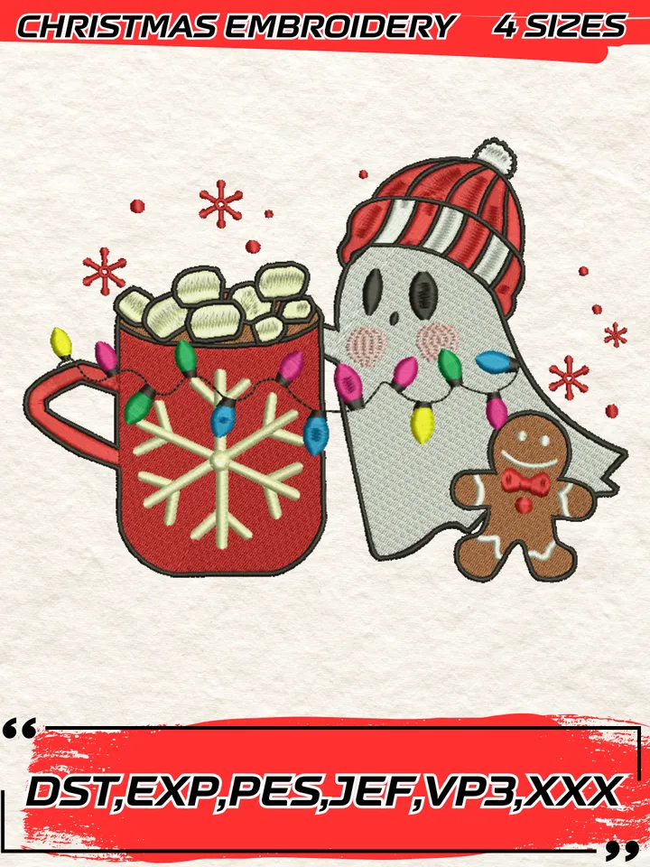 Christmas Ghost Iced Coffee Embroidery Design,Christmas Embroidery Design,4 Sizes, Digital Download