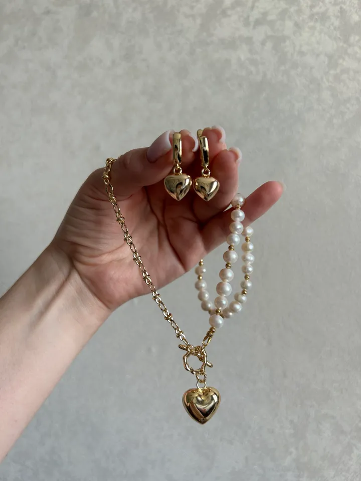 Set of 2 accessories, pearl necklace ,heart earrings, handmade choker, ready to ship, wedding accessories