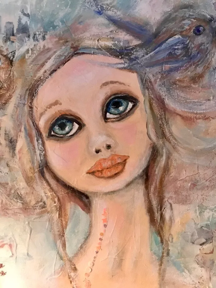 Lucky dreamer- mix media doll and birds painting on stretched canvas,original painting,one of a kind.