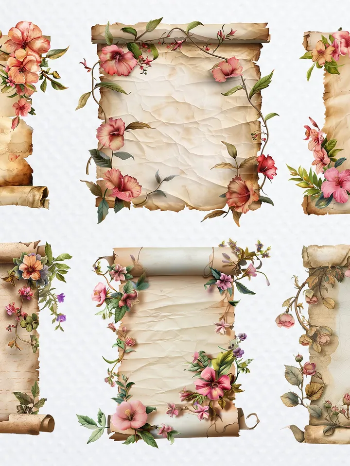 33 PNG Vintage Scroll Bundle, Watercolor Floral Old Paper clipart, Printable Watercolor clipart, Digital download, Paper craft, junk journal