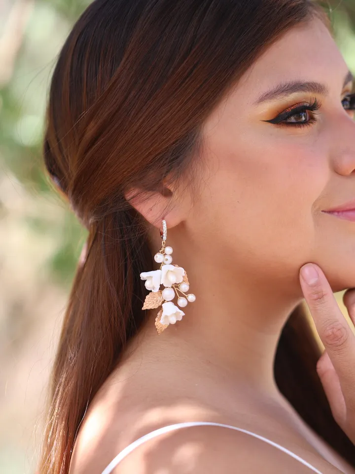 Boho Wedding Earrings For Bride, Porcelain Flower Long Bridal Earrings, Pearl Champagne Gold Statement Floral Earrings, Leaf Bridal Earrings