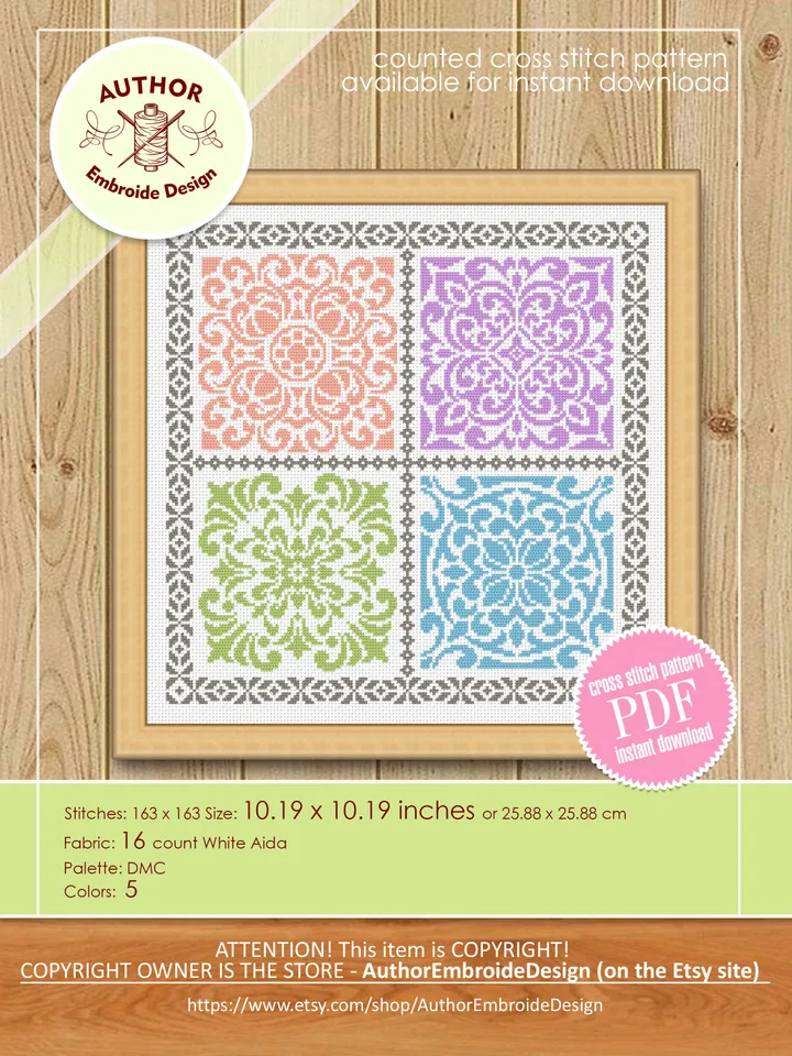 Square mandala cross stitch pattern PDF download Sampler cross stitch mandala ornament pattern for cross stitch pillow, DIY Home decor #M209