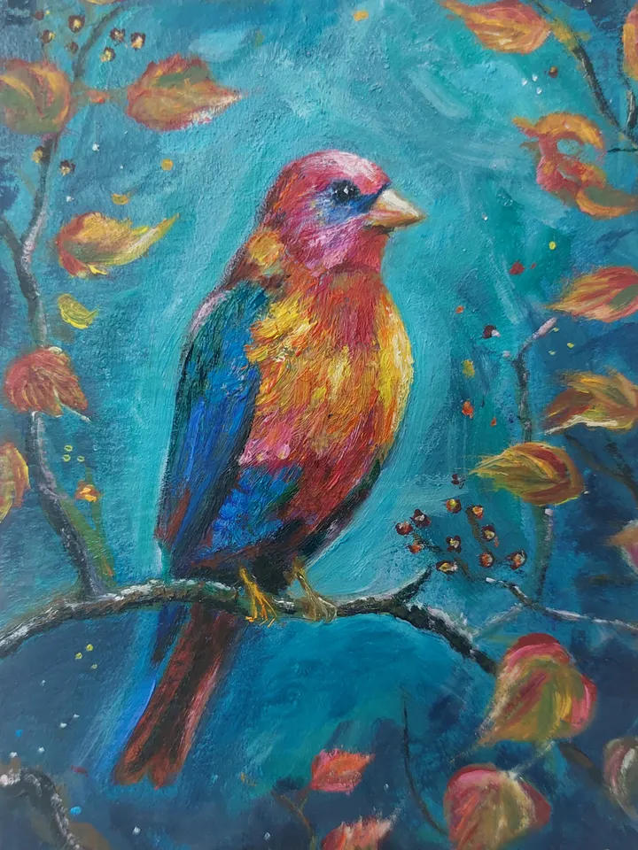 Oil painting on cardboard bird of happiness 4x6 inches