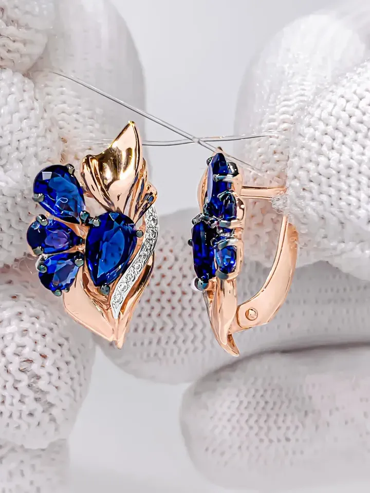 Earrings jewelry silver gold plated 925 samples with corundum, sapphire and cubic zirconia