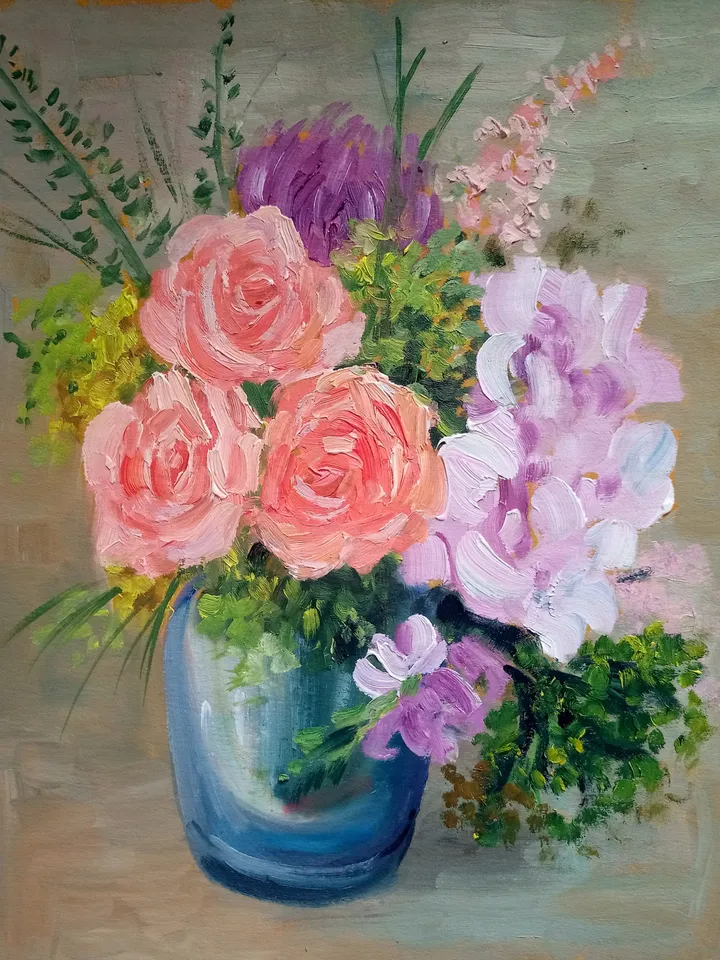 Pink flowers in a vase still life with bouquet original fine art art flowers Rose oil paintingFloral wall decor. Original art. Little art