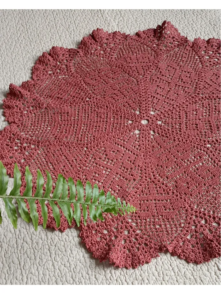 Hand crocheted large cranberry-colored doily 22 inch
