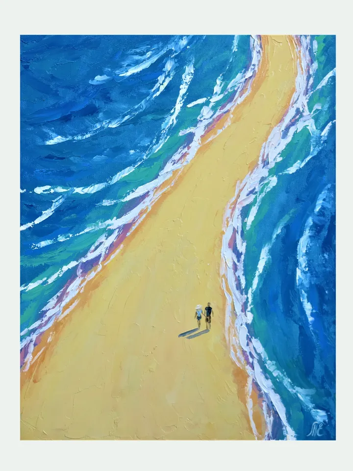 Ocean Shoreline Artwork - Original Palette Knife Oil Painting of a Couple on the Beach on Canvas