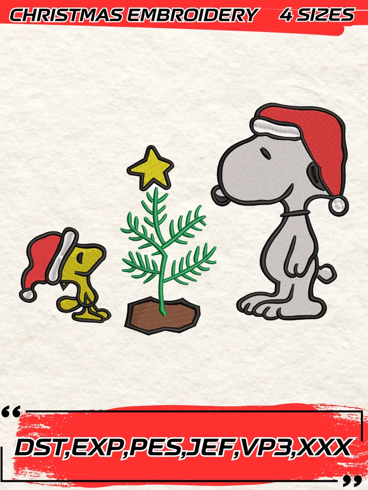 Snoopy and Woodstock Peanuts Christmas Embroidery Design,Cartoon Christmas Embroidery Digitizing File,4 Sizes, Digital Download