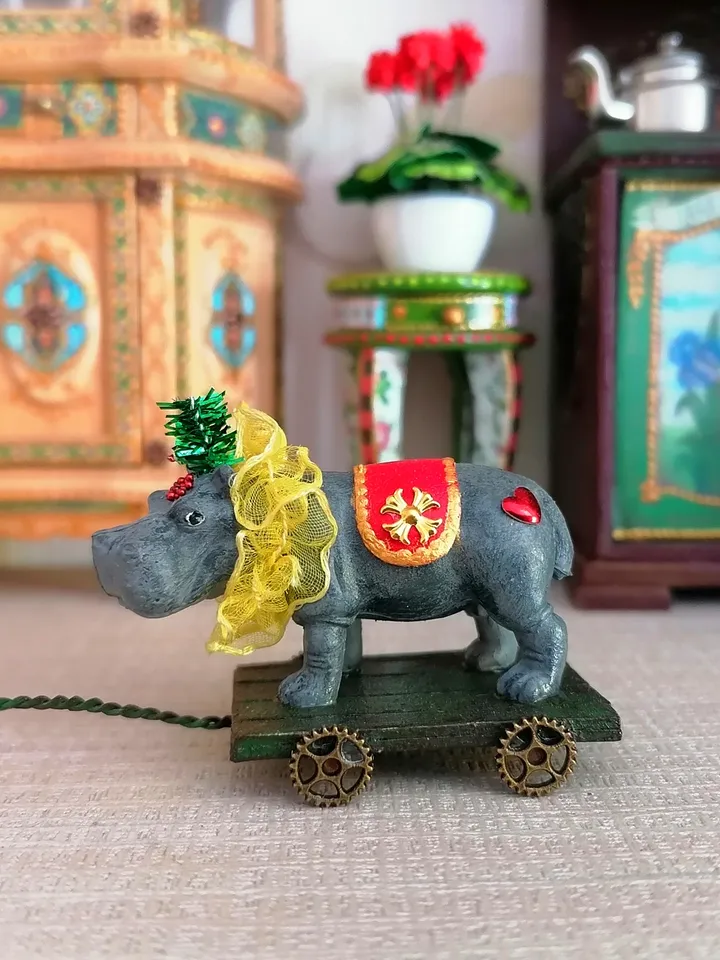 Hippo on a cart. Vintage toy. Circus toy.1:12 scale.