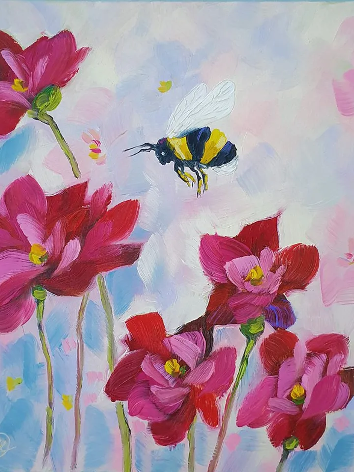 Bee Painting Pink Flowers Original Art Floral Wall Art Small Oil Painting