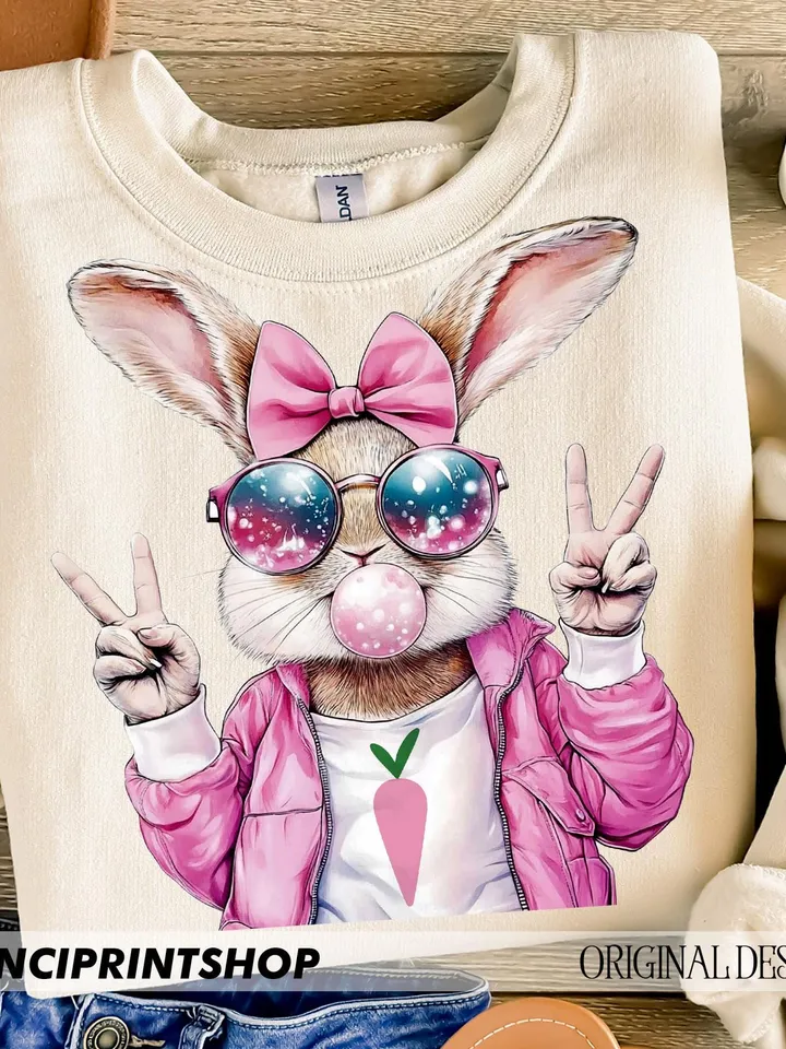 Retro Easter Bunny Blowing Bubble PNG, Easter Bunny png, Easter png, Funny Easter Bunnie Sunglasses, Retro Easter png, Bunny png, Spring png