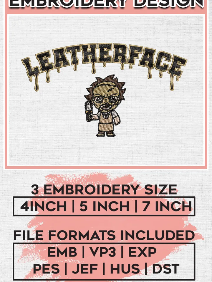 Chibi Leatherface Horror Character Drop Name Embroidery designs, Horror Character Machine embroidery designs, Halloween embroidery files, Machine Embroidery Digitized Pes Files, Digital Download