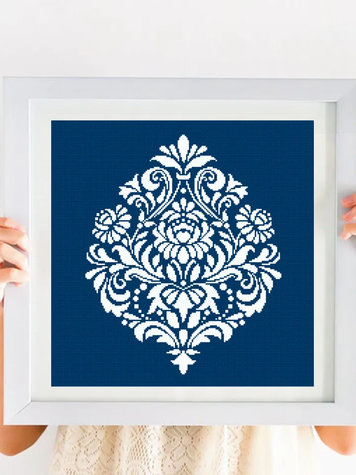 Floral damask ornament cross stitch pattern PDF download Flower mandala cross stitch chart, Floral scroll, Damask pattern digital PDF #M251