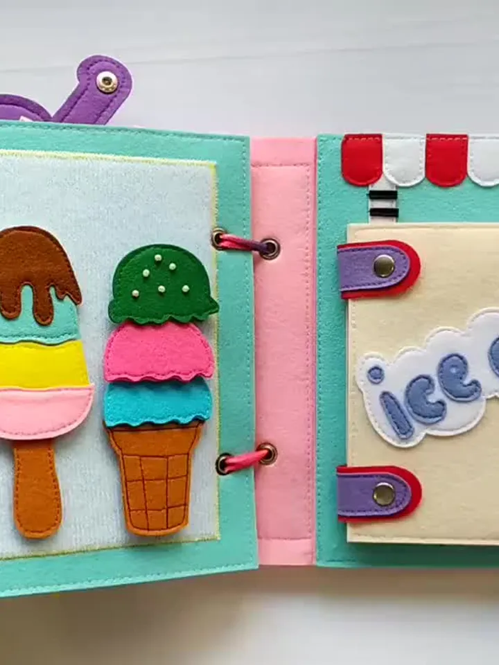 Ice Cream Quiet book Pattern , Kitchen  Felt book template pdf, Soft sensory book template, Busy book sewing ideas for girl 2, 3, 4 year old