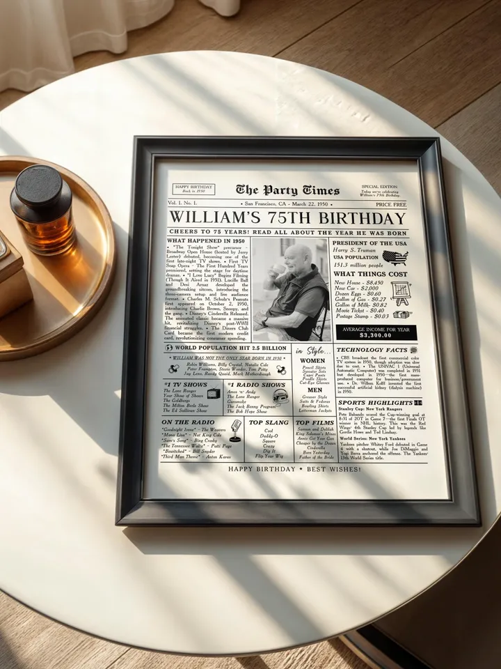 75th Birthday Gift for Women or Men, Personalized 75th Birthday Newspaper Poster, 75th Birthday Gift for Mon or Dad, Back in 1950