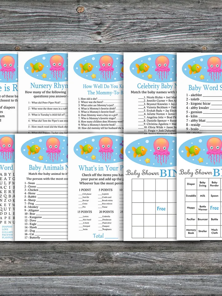 Under the sea baby shower games bundle,Ocean themed Baby Shower games package,Fun Baby Shower Game,9 Printable Games-330