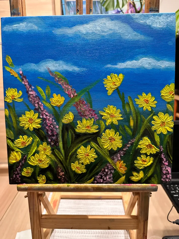 Oil Painting of Spring Plants Flowers Blooming Meadow Wall Decor Nature Floral Art Canvas on Cardboard 12x12 inches 30x30 cm Gift for Her