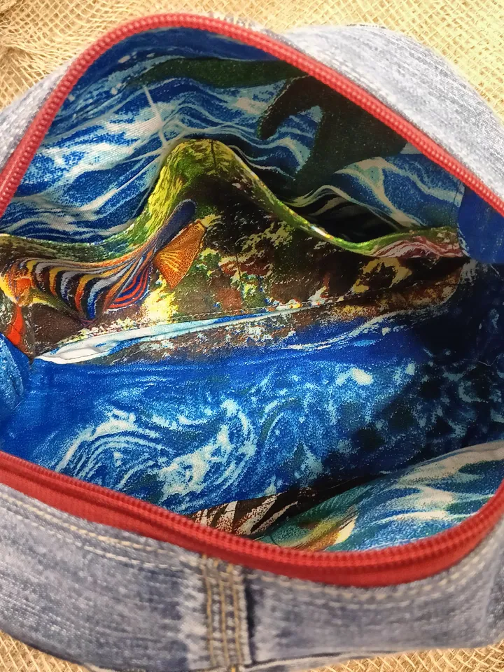 Unusual cute handmade denim bag with pockets - adjustable strap