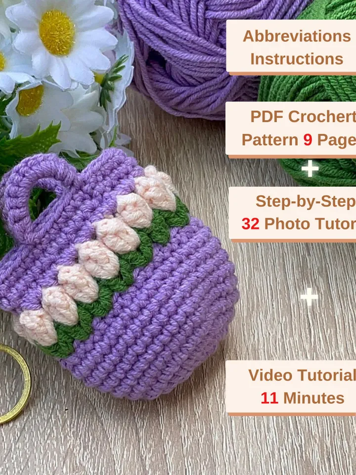 Floral Crochet Bag Keychain PDF Pattern – Mini Flower Purse Keyring Tutorial – Cute Handmade DIY Charm Digital Download