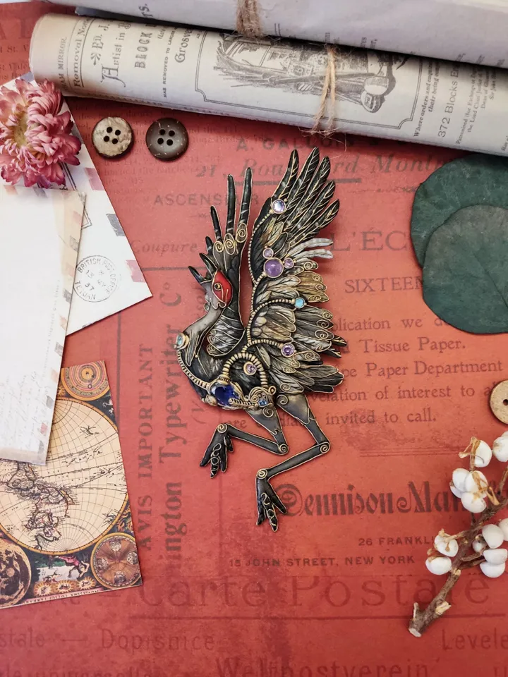 Dancing Crane brooch, bird brooch, crane, bird jewelry, brooch with stones