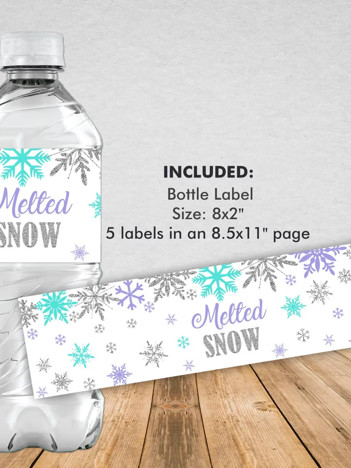 Melted Snow Water Bottle Label, Winter Onederland Bottle Label, Winter Onederland Birthday Girl Decorations, Purple Silver Snowflakes Party