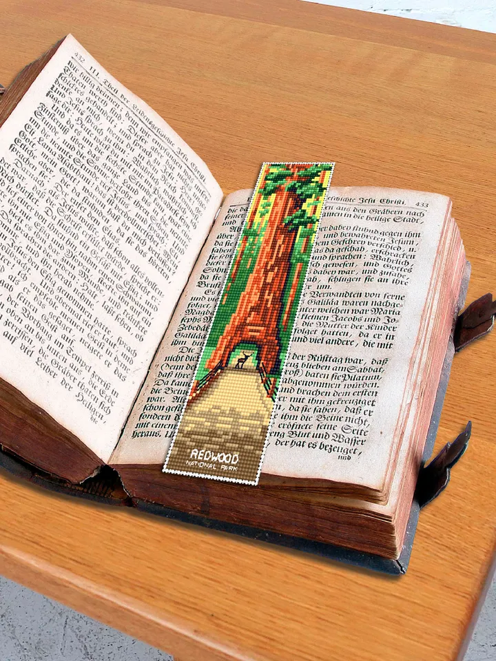 Redwood National park bookmark cross stitch pattern PDF download Nature cross stitch, Bookmark pattern PDF, Sequoia, Road trip Forest #B178