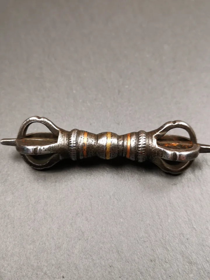 Gandhanra Vintage Five-pronged Vajra Dorje,Tibetan Buddhism (Vajrayana) Ritual Implement,Made of Cold Iron,Inlaid Copper Wire,30 Years Old