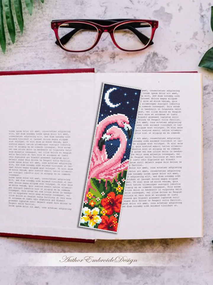 Flamingo bookmark cross stitch pattern PDF instant download Pink flamingo couple cross stitch chart, Bird bookmark pattern digital PDF #B442
