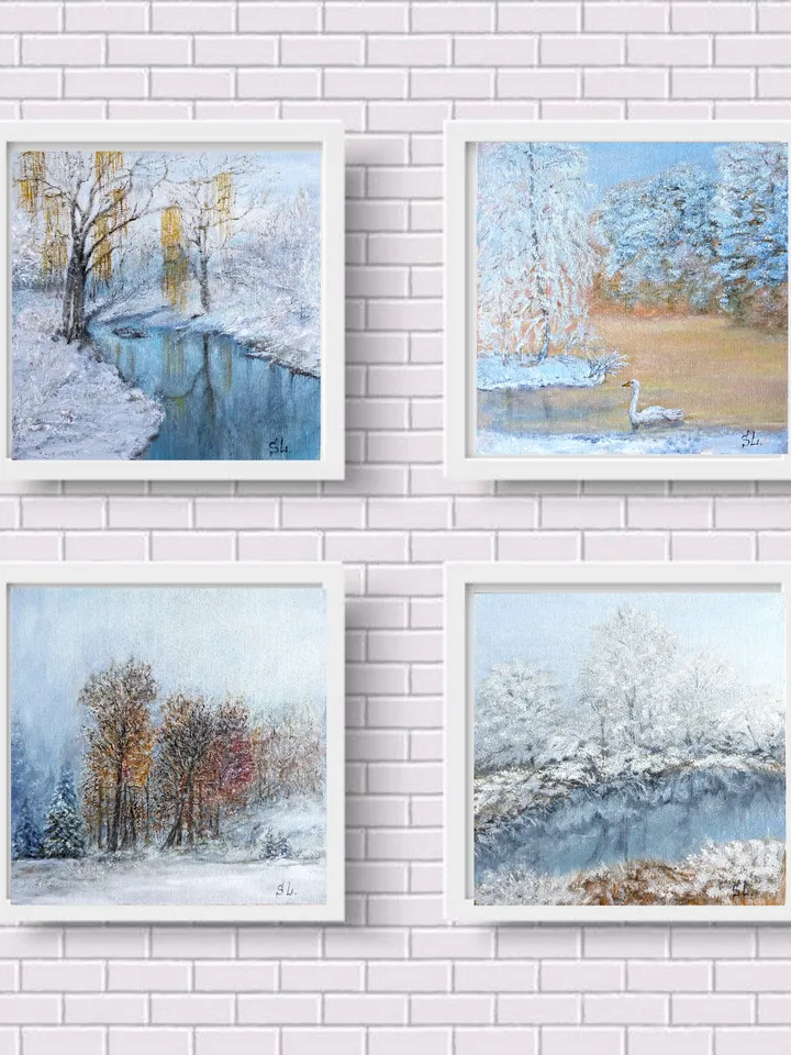 Oil Painting Winter Landscape Original Art Wall Art Canvas On Cardboard 10x10 Inch