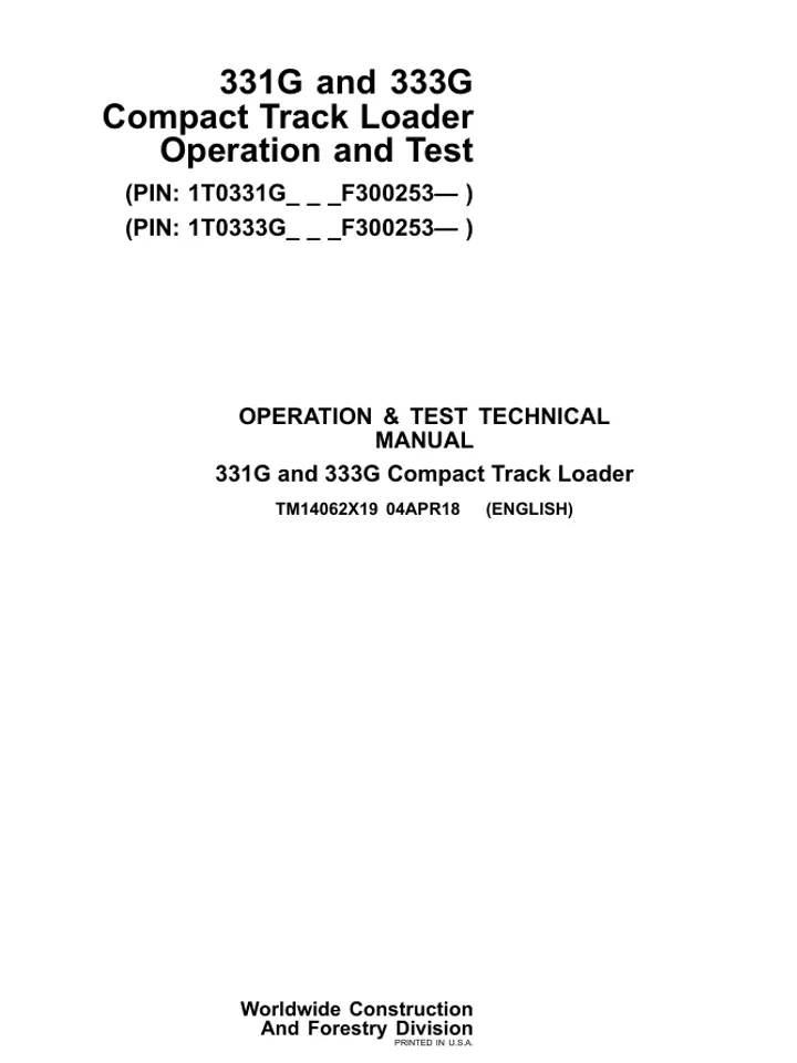 JOHN DEERE 331G 333G SKID STEER LOADER OPERATORS MANUAL