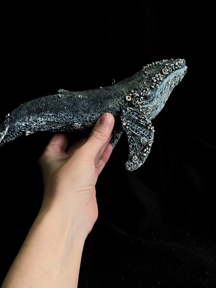 Art sculpture Blue whale from papier-mâché.
paper toy - series “Sea”. Unique handmade interior decor. Unusual interior pendant for your collection.