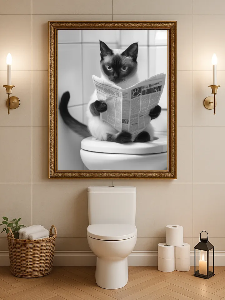 Funny Siamese Cat Bathroom Wall Art, Cute Kitty on Toilet Reading ...