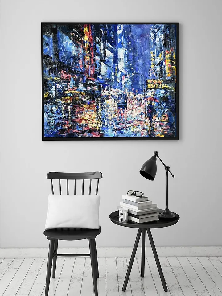 New York Painting Rainy Street Original Art NYC Artwork Umbrella Girl
