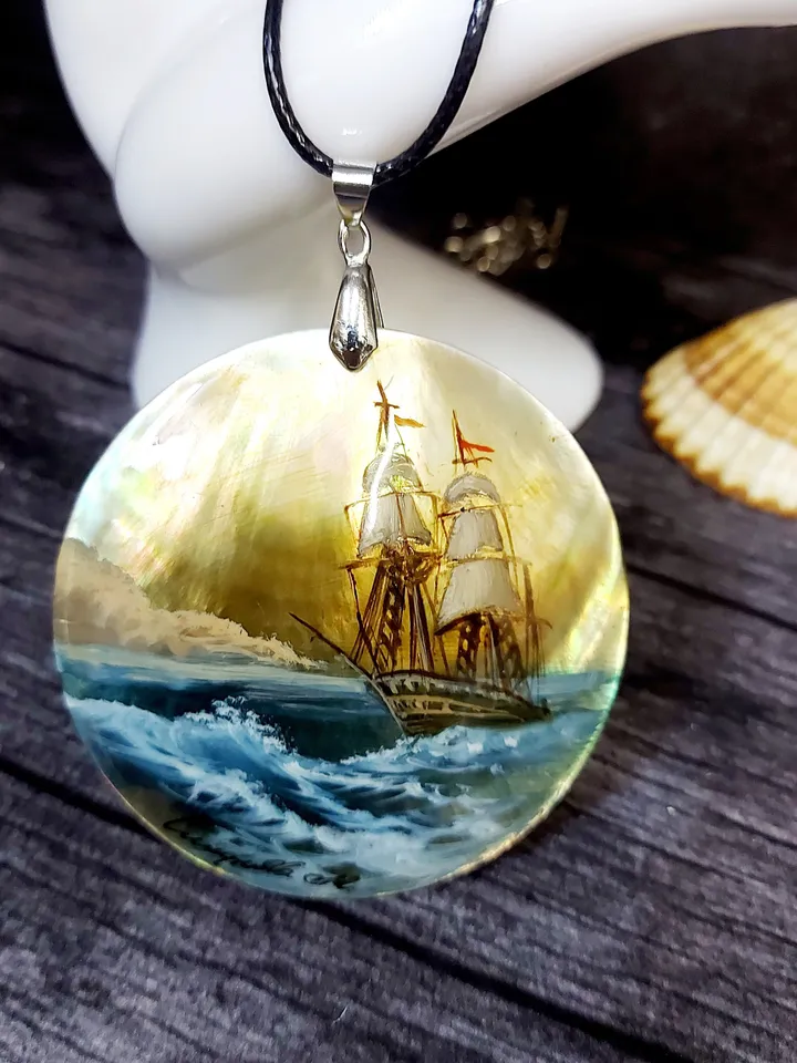 Pearl pendant necklace: Sailboat on the waves painted on shell jewelry • Free sail in sea • Dainty hand made jewellery with ship in ocean