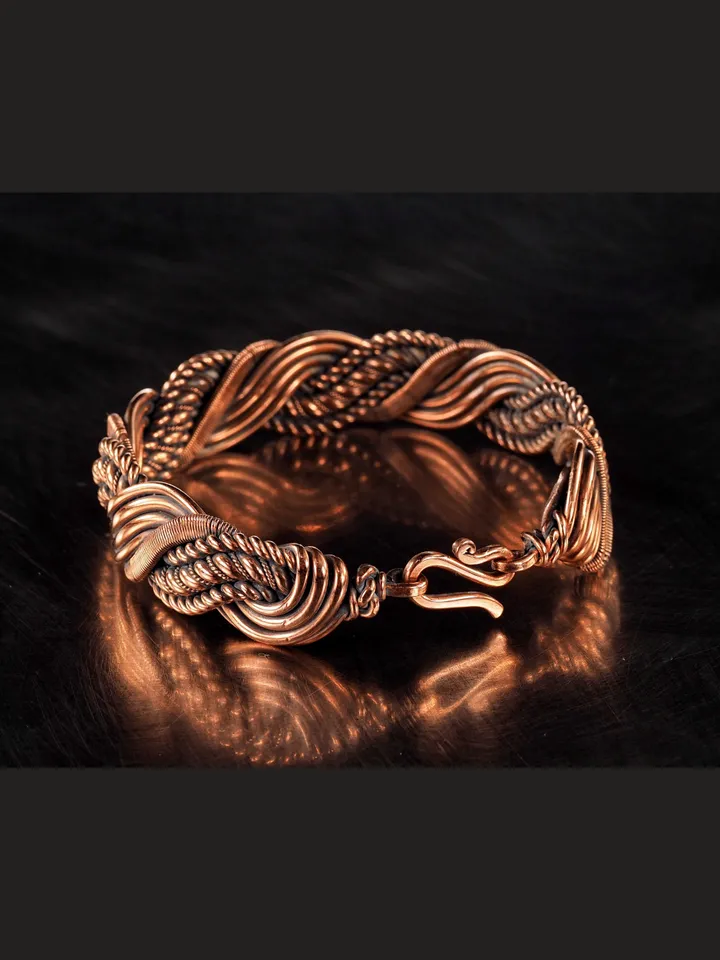 Wire wrapped bracelet, Unique 7th 22nd Anniversary gift idea, Art Nouveau antique style, One of kind braided statement bangle, Handmade oxidized pure copper jewelry, Pain relief, EMF protection