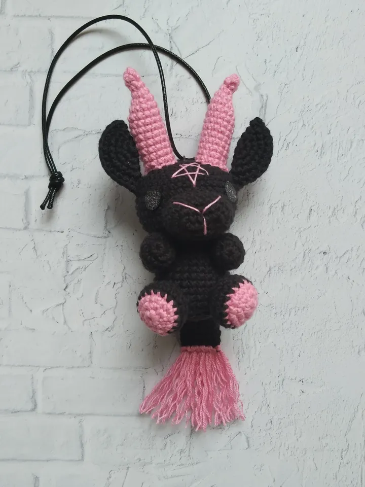 Baphomet gothic car accessories, crochet plushie car charm, hanging plush, creepy car decor, rear view mirror accessories, car interior, goth car, horror car decor, weird sharm, baphomet amigurumi, demon plushie