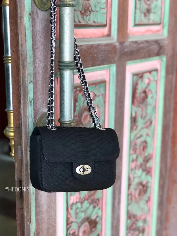 Genuine python skin adjustable chain crossbody black women classy MINI bag, classy evening bag, leather small black bag, black purse