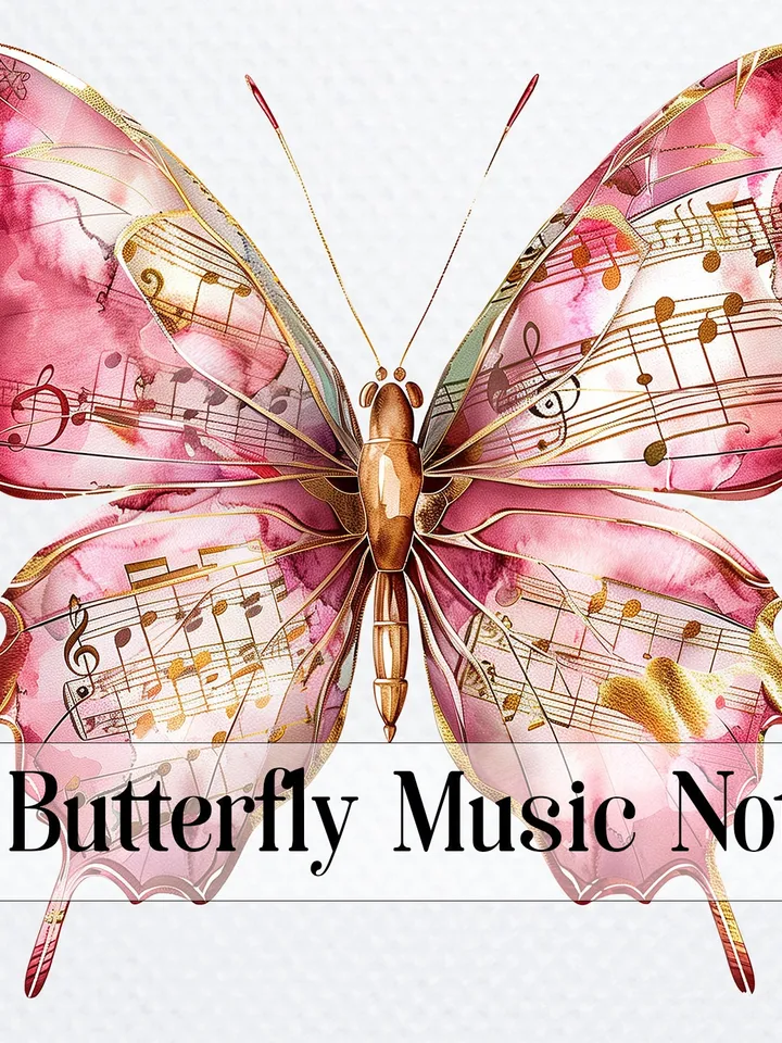12 PNG Butterfly Music Notes Clipart Bundle, Butterfly Wall Print, Printable Watercolor Butterfly for sublimation, Paper craft, junk journal
