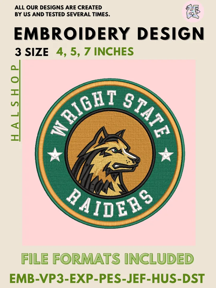 Wright State Raiders NCAA Mascot Logo Embroidery Design – College Team Pattern, Machine Embroidery Files, 3 Sizes Digital Instant Download