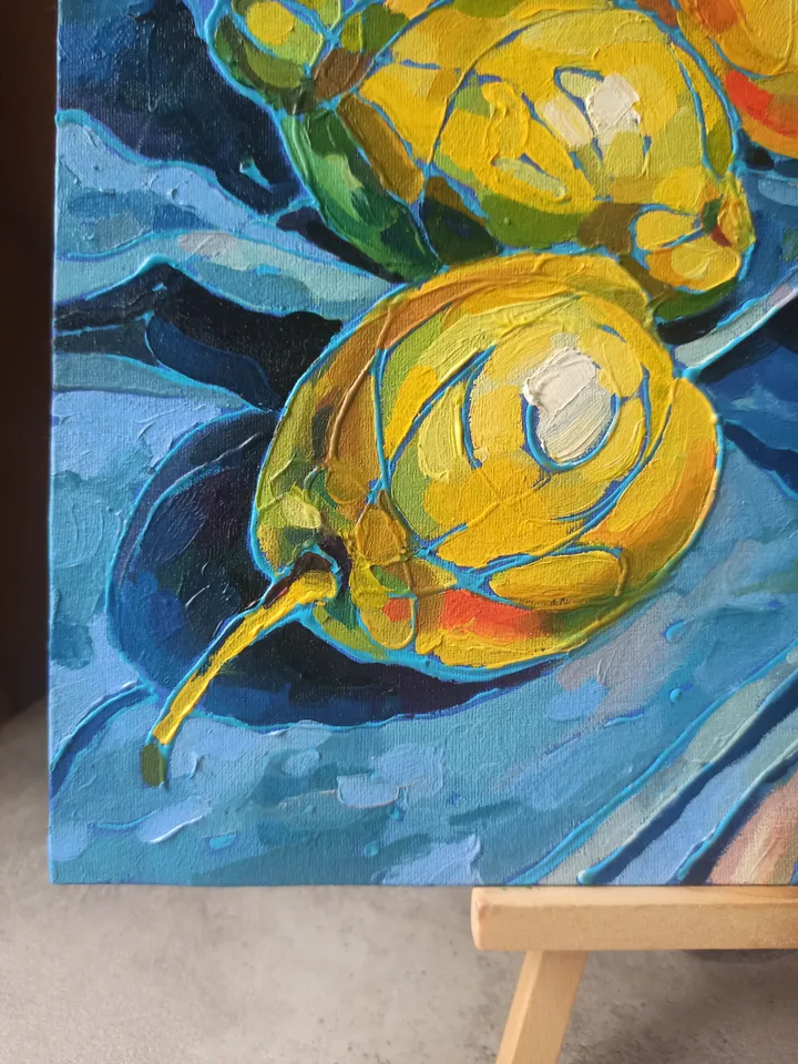 Bright still life with fruits, Pears, Original oil painting, canvas on cardboard 25x25 cm, Kitchen decor