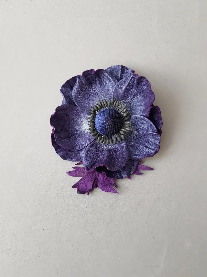 Dark blue leather brooch for her, Leather women's jewelry
