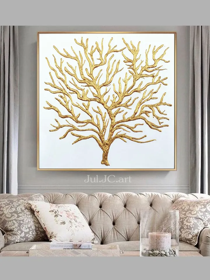 Gold Tree Abstract Painting Gold and White Wall Art on canvas Shiny Textured Artwork Modern wall decor