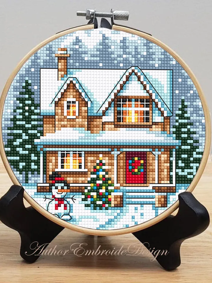 Christmas house cross stitch pattern PDF download Winter landscape cross stitch chart, Christmas pattern digital PDF, House in forest #N182