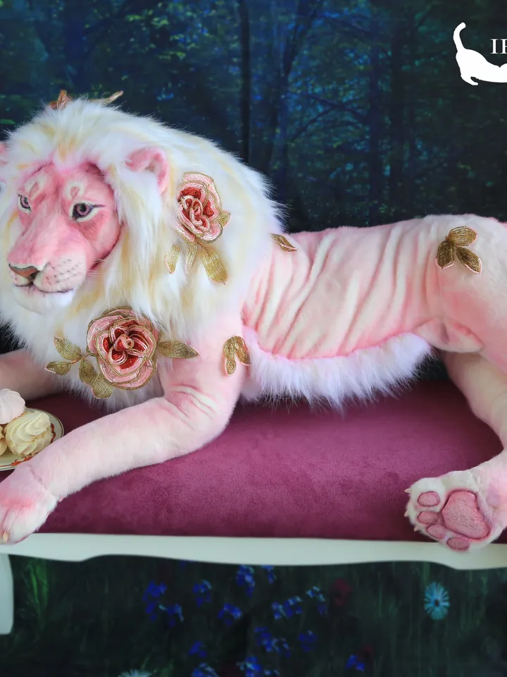Lion Marshmallow realistic plush animals. Ooak toy. Pink Lion stuffed toy