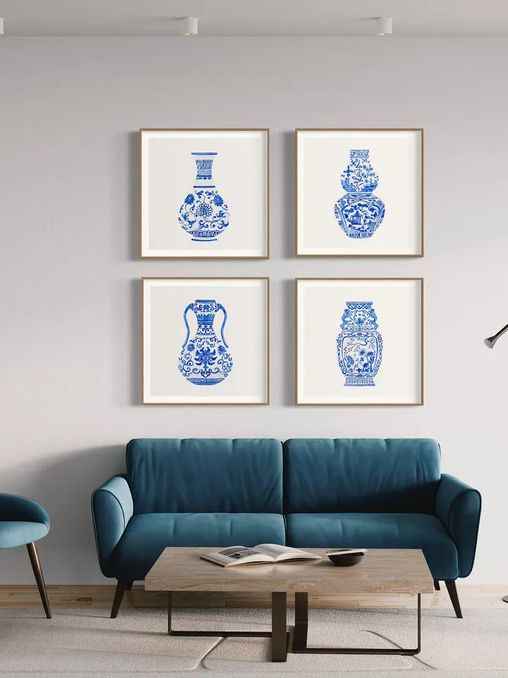 Blue Chinoiserie Set Of 4 Ginger Jars, Watercolor Painting, Vintage Chinoiserie, Chinese Vase Prints, Housewarming Gift, Chinoiserie Art