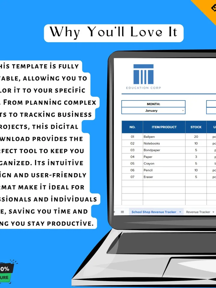 School Shop Revenue Tracker Template, Sales Monitoring Tool, School Store Profit & Expense Management Spreadsheet
