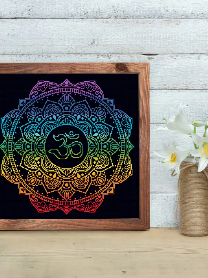 Mandala Om cross stitch pattern download PDF Meditation yoga cross stitch Chakras embroidery beginners Unique cross stitch simple #M146