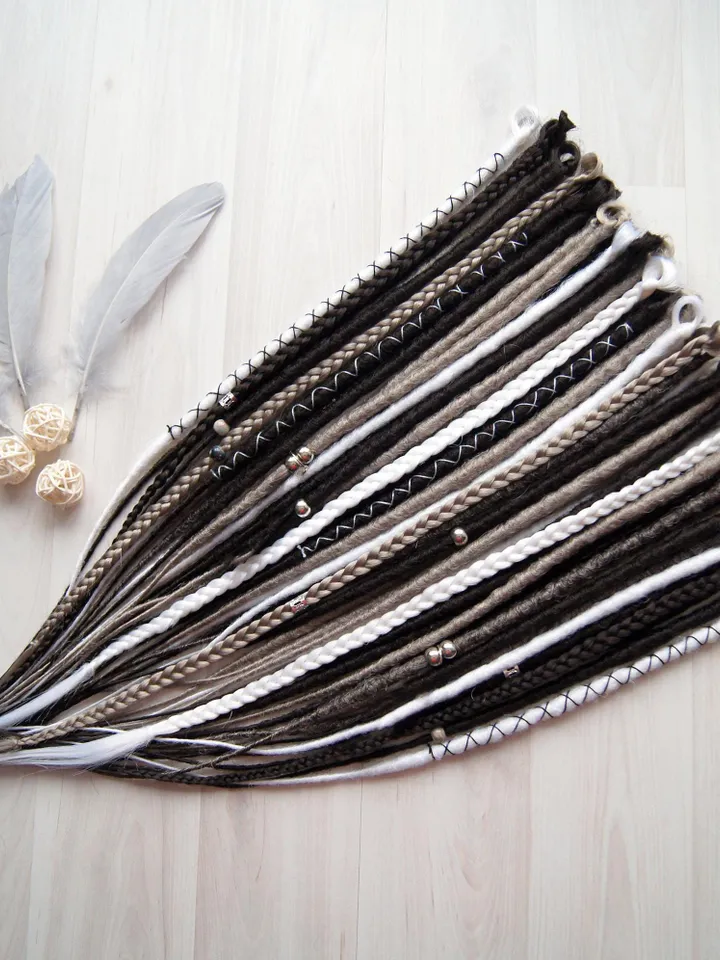 Smooth Dreadlock Extensions Set Synthetic Dreads Statement hair in Natural Brown and White Gray Shades, Boho Dreadlock Hair Extensions