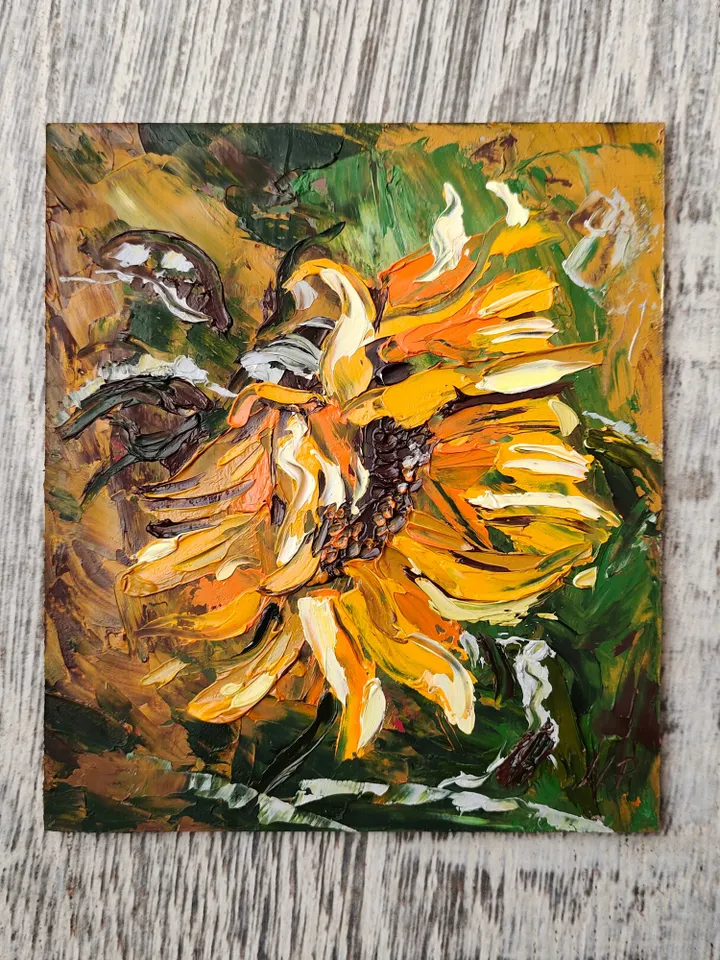 Sunflower painting Floral Original Art 5 by 6 Yellow Flower impasto artwork by Natalia Plotnikova