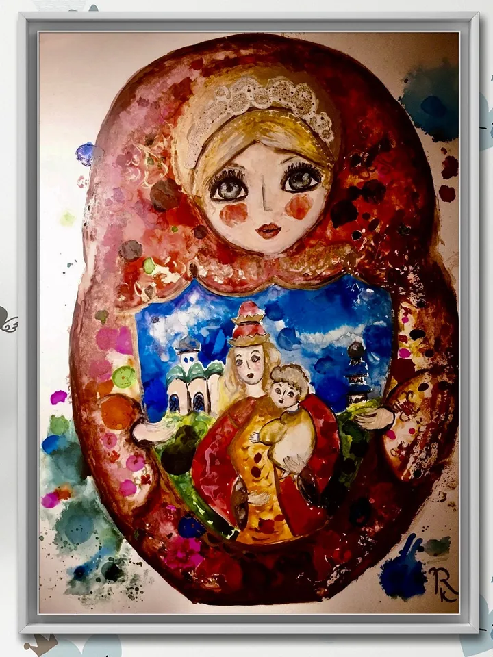 Matryoshka doll original mix media painting on yupo paper,watercolours and alcohol inks painting,unique artwork russian doll painting,gift
